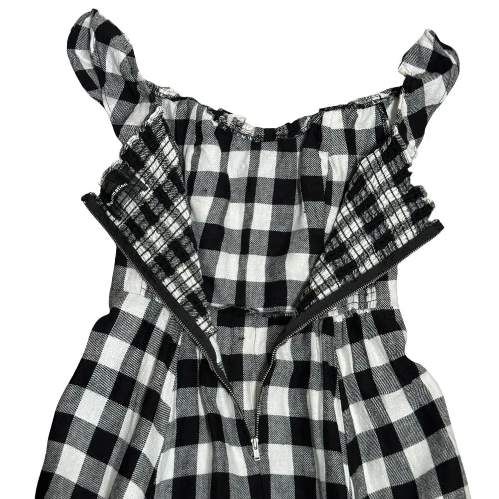 Reformation Hattie Linen Midi Dress Gingham Black White Size 6 Off the Shoulder - Picture 10 of 11